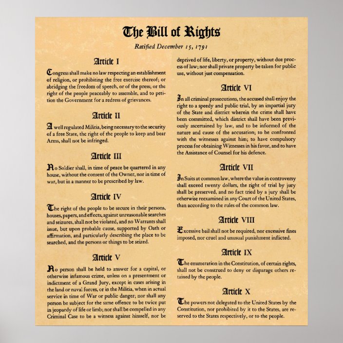 United States Bill of Rights First Ten Amendments Poster | Zazzle