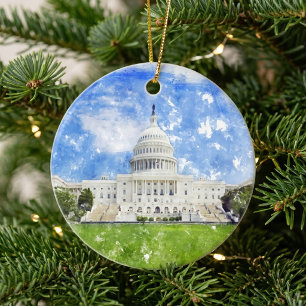 United States Capitol in Washington DC Pastel Draw Ceramic Ornament