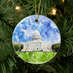 United States Capitol in Washington DC Watercolor Ceramic Ornament