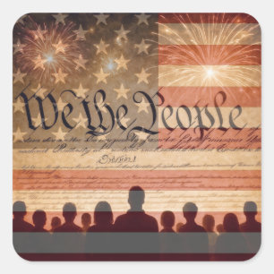United States Constitution With Fireworks and Flag Square Sticker