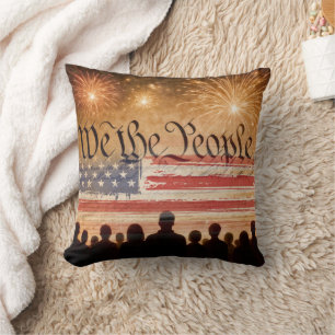 United States Constitution With Fireworks and Flag Throw Pillow