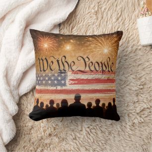 United States Constitution With Fireworks and Flag Throw Pillow