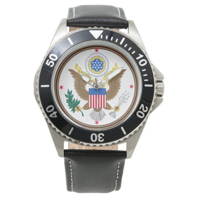 United States Custom Stainless Steel Black Leather Watch (Front)