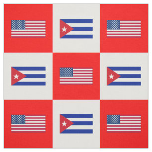 United States Flag, Cuba Flag on White & Red BG Fabric