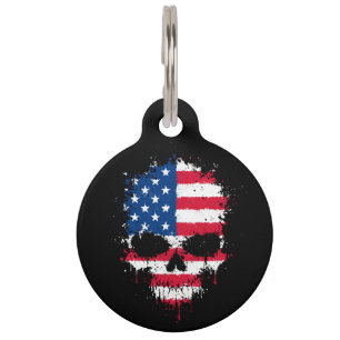 United States Flag Dripping Splatter Skull Pet Tag