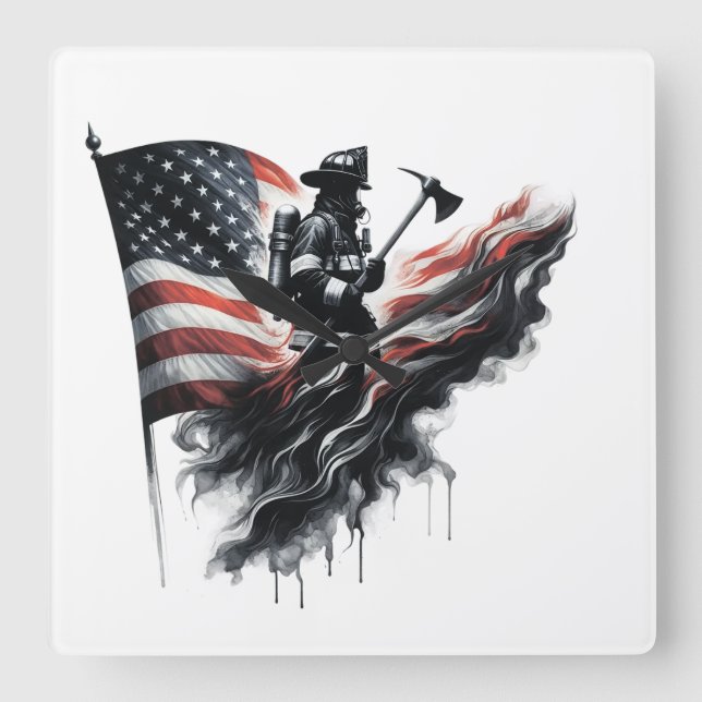  United States Flag. Firefighter Square Wall Clock (Front)