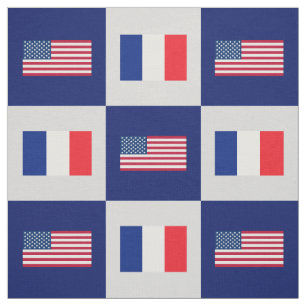 United States Flag, France Flag on Blue & Lt Grey Fabric