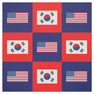 United States Flag, South Korea Flag on Blue & Red Fabric