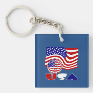United States Flag USA Soccer Ball Blue Background Keychain