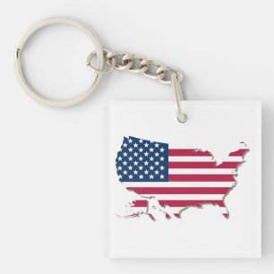 United States Map and Flag White Red Blue Keychain