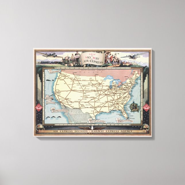 United States Map Ship the Skyway via Air Express Canvas Print (Front)