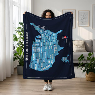 United States Of America Map Address Marker Fleece Blanket