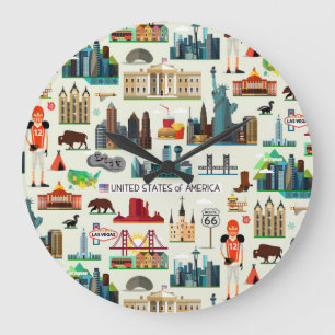 United States Symbols Pattern Large Clock