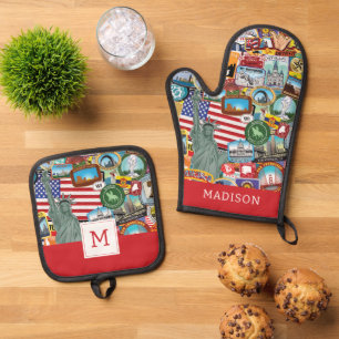 United States Travel Sticker Pattern Oven Mitt & Pot Holder Set