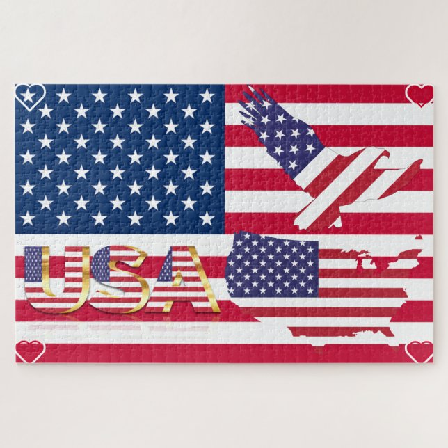 United States - USA Map & Eagle Flag - Hearts Jigsaw Puzzle (Horizontal)