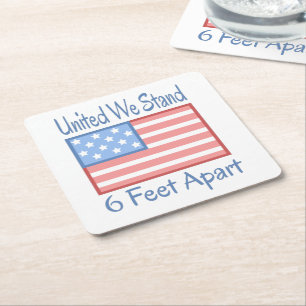 United We Stand 6 Feet Apart USA Flag Square Paper Coaster