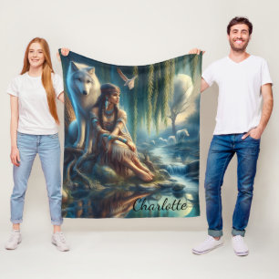 Unity of a Native Indian and her wolf Fleece Blanket
