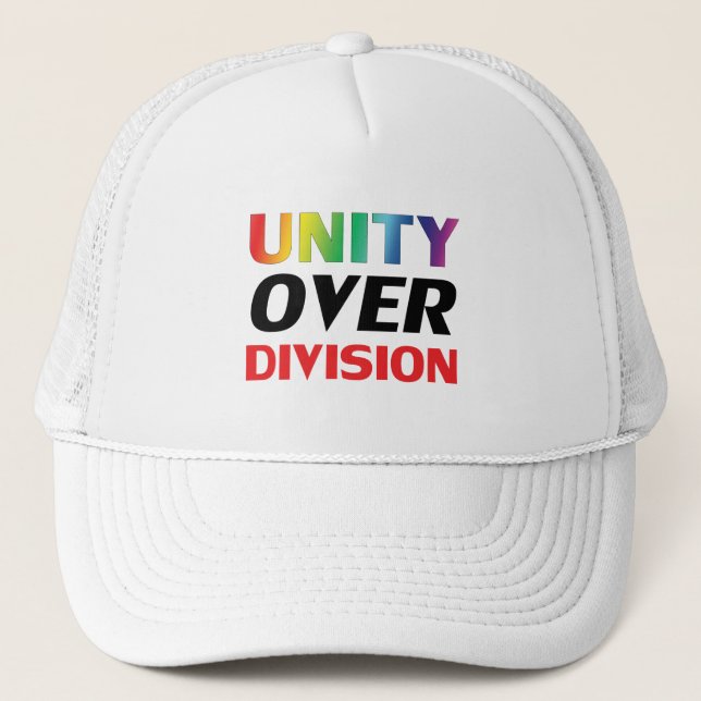 "Unity over Division" pride lgbtq, lgbt white Trucker Hat (Front)