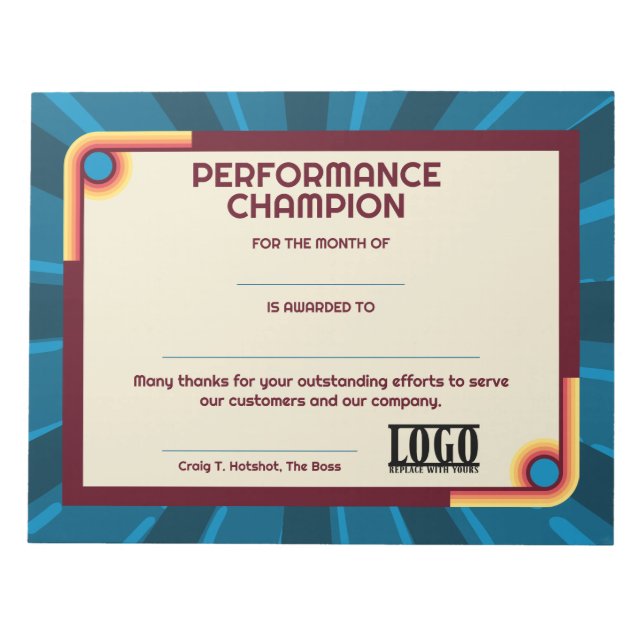 Universal employoee performance award certificates notepad (Front)