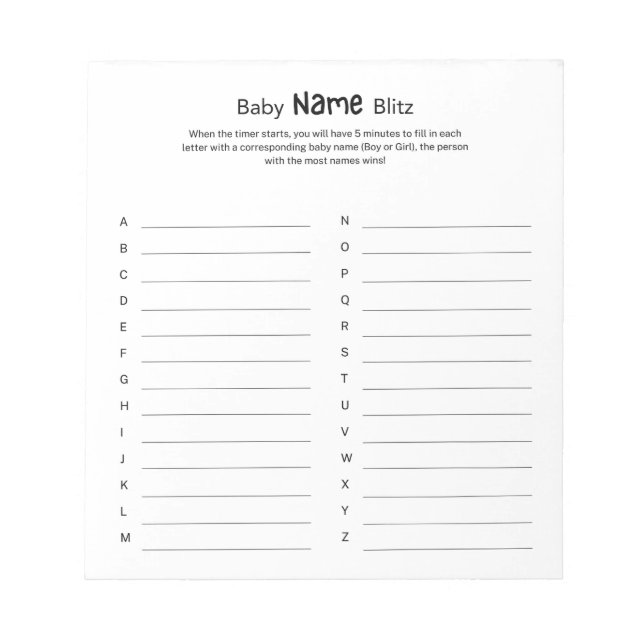 Universal Gender Neutral Baby Shower Name Blitz Notepad (Front)