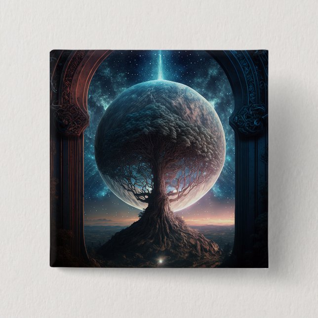 Universe Cosmic Tree Surreal Fantasy Art 2 Inch Square Button (Front)