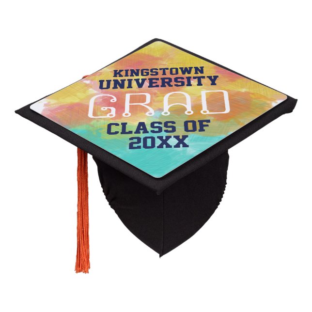 University Graduation Pink Turquoise Watercolor Graduation Cap Topper (Angled)
