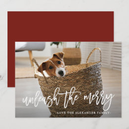 Unleash the Merry Script Cute Dog Photo Holiday Card