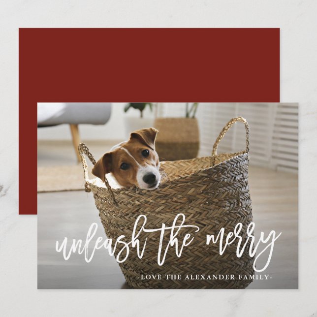Unleash the Merry Script Cute Dog Photo Holiday Card (Front/Back)