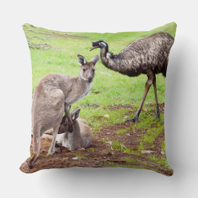 "Unlikely Pals: The Kangaroo and Emu Friendship" Throw Pillow (Front)