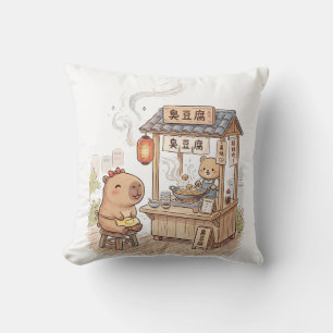 unny Capybara at Stinky Tofu Stall Taiwan Night Throw Pillow