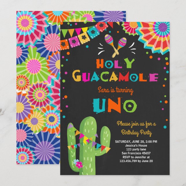 Uno Fiesta First Birthday invitation Cactus Party (Front/Back)
