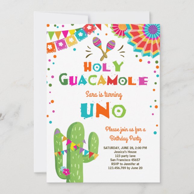 Uno Fiesta First Birthday invitation Cactus Party (Front)