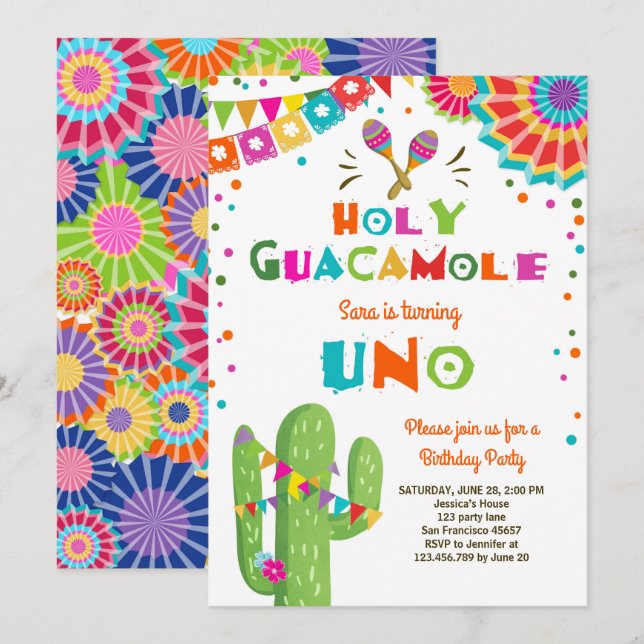 Uno Fiesta First Birthday invitation Cactus Party (Front/Back)