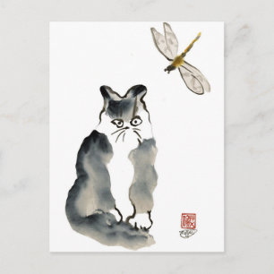Unpalatable Insect [dragonfly] and Grey Kitten Postcard