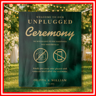 Unplugged Ceremony Emerald Green & Gold Backdrop Tapestry