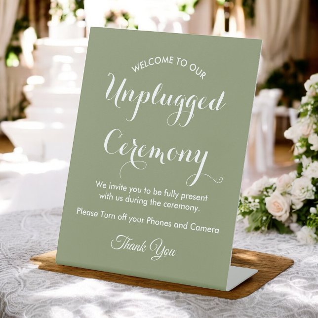 Unplugged Ceremony Sage Green White Wedding  Pedestal Sign (Creator Uploaded)