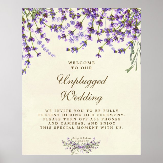unplugged wedding sign Lavender purple floral (Front)