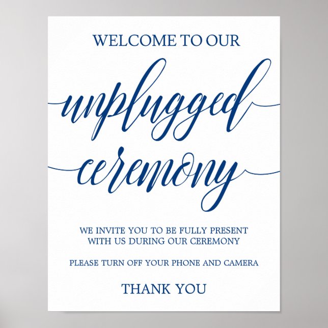 Unplugged Wedding Sign Navy Blue Calligraphy (Front)