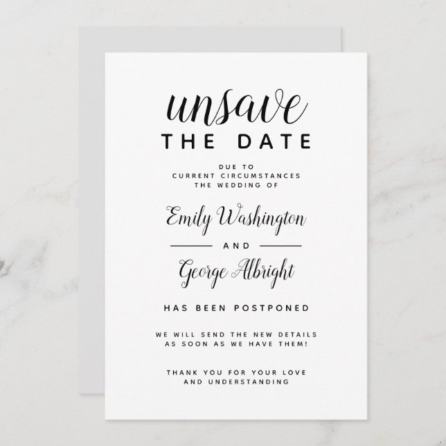 Unsave The Date Formal New Date Announcement (Front/Back)