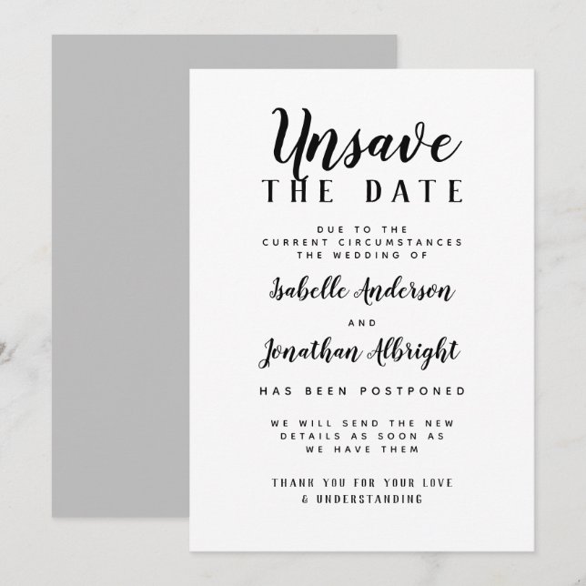 Unsave The Date Script Wedding Postponement Invitation (Front/Back)