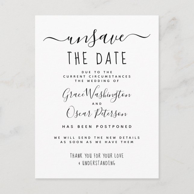 Unsave The Date Stylish New Date Announcement (Front)