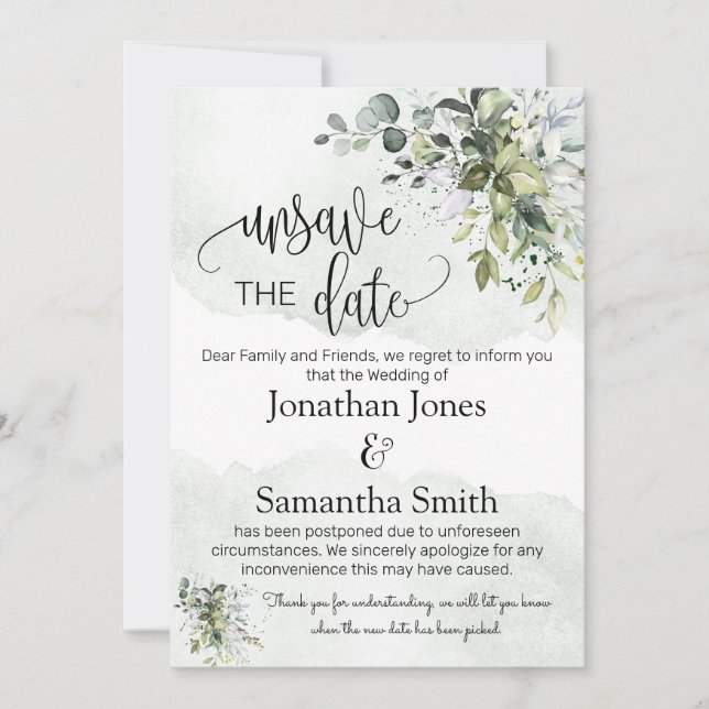 Unsave the dates wedding date change eucalyptus in invitation (Front)