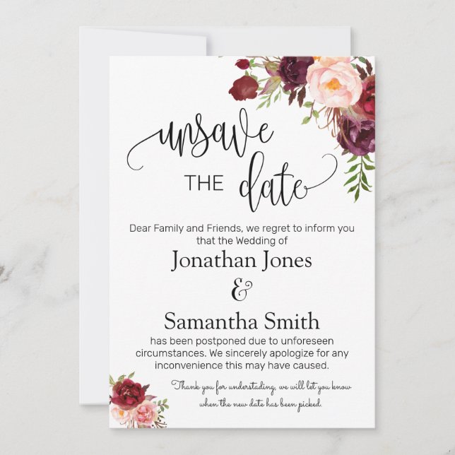 Unsave the dates wedding date change marsala invit invitation (Front)
