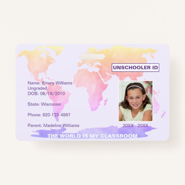 Unschooler Student ID World Map Badge (Front)