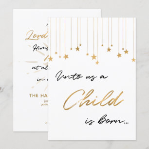 Unto Us A Child is Born Handwritten Gold Christmas Invitation