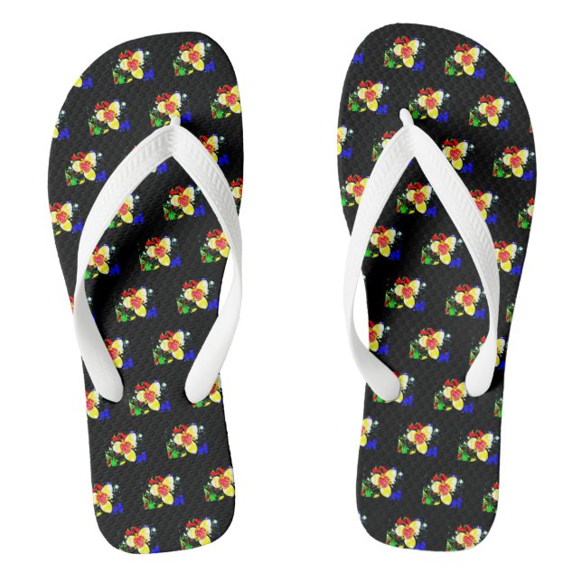 unusual black with yellow and red flower pattern flip flops (Footbed)