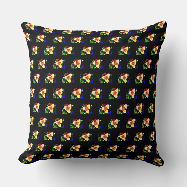 unusual black with yellow and red flower pattern t throw pillow (Front)