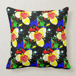 unusual black with yellow and red flower pattern t throw pillow