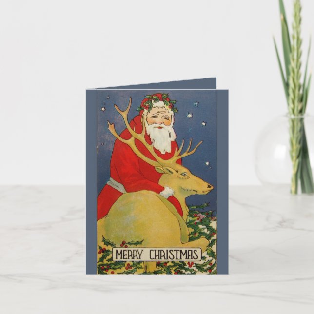 Unusual  deco santa deer Christmas card (Front)