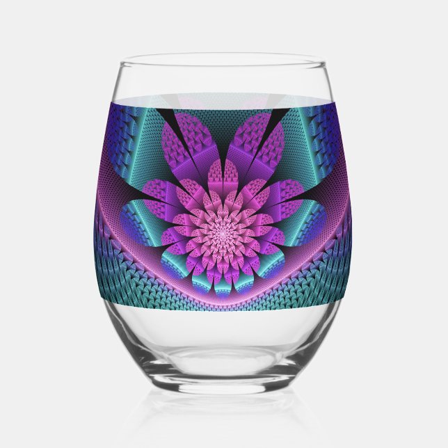 Unusual Patterned Colorful Fantasy Flower Fractal Stemless Wine Glass (Front)